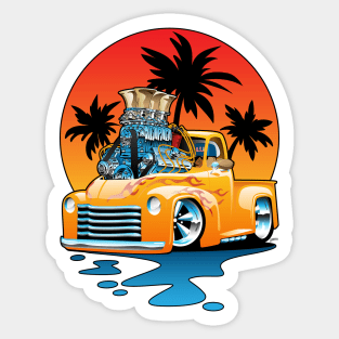 Classic American Hot Rod Pick-up Truck with Sunset Cartoon Sticker